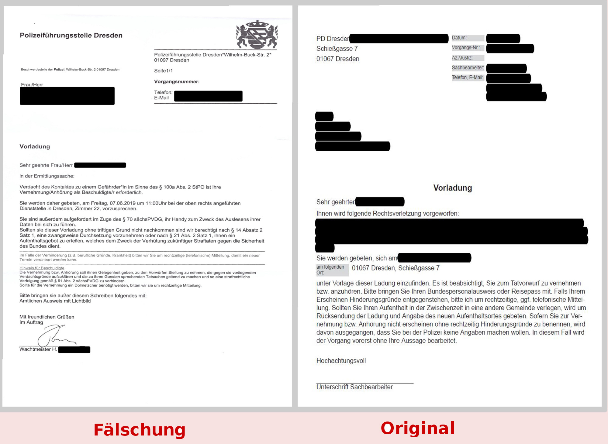 Polizei-Vorladung Fälschung Original