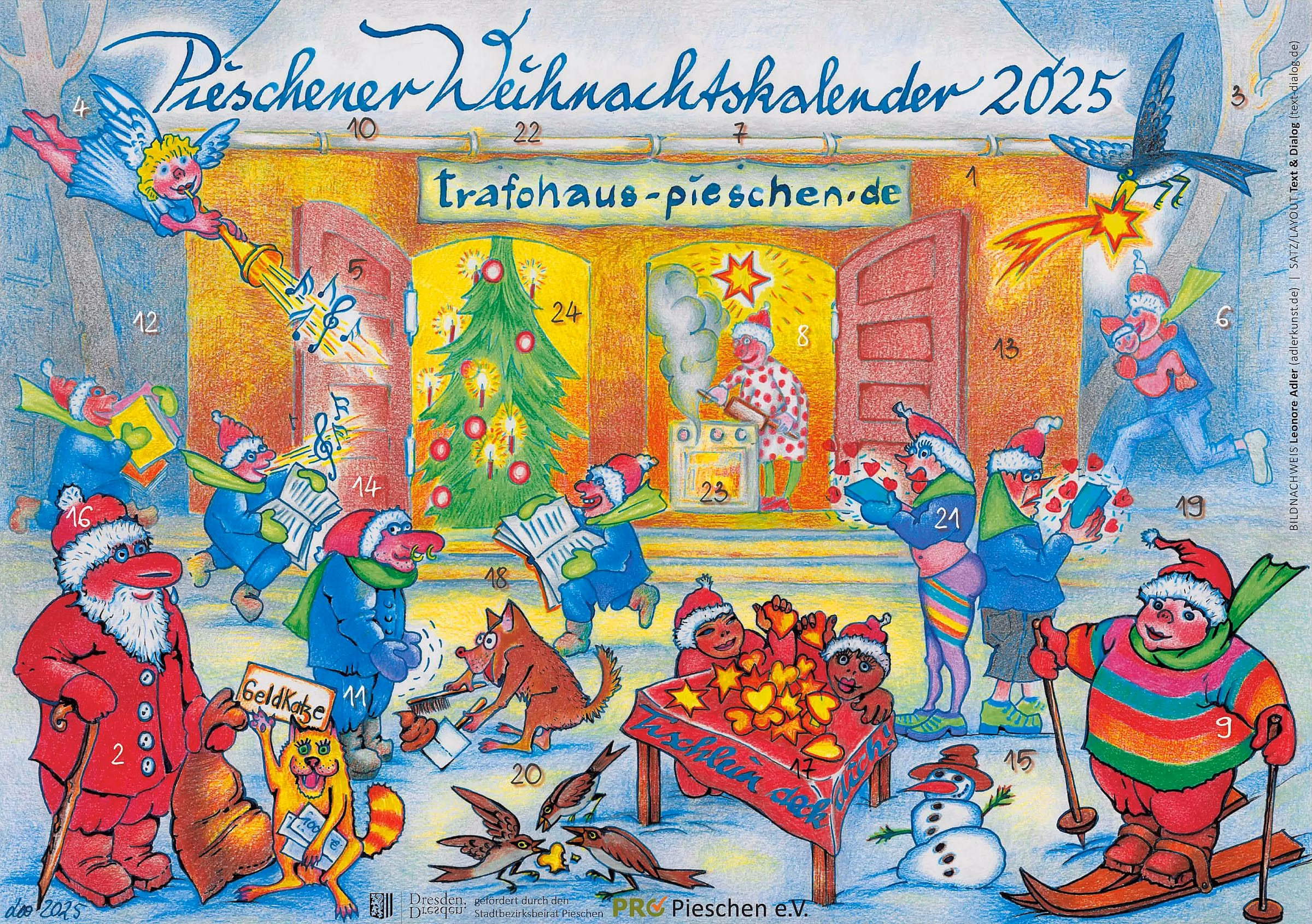 Den Pieschener Adventskalender 2025 kann man sich auch ins Wohnzimmer hängen. Erhältlich ist er u.a. beim Verein Pro Pieschen auf der Oschatzer Straße. Quelle: Leonore Adler, Verlag Text & Dialog